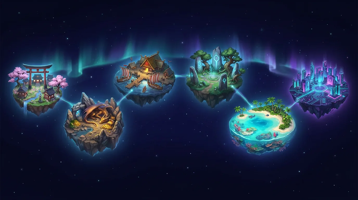 Atlas of worlds: six glowing miniature islands, one per name generator, joined by aurora constellation lines over an indigo starfield